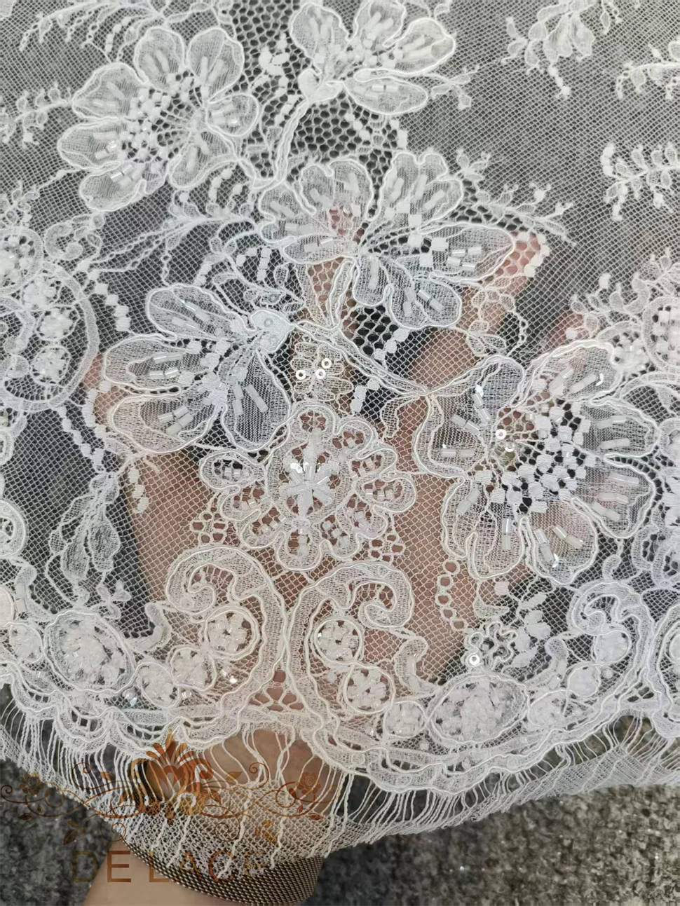 Beautiful Chantilly Lace With Beaded Soft Eyelash Floral Embroidered Chantilly Corded Lace Wedding Dress Fabric