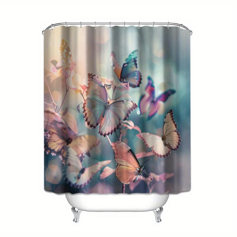 4pcs Butterfly Pattern Set, Waterproof Shower Curtain With 12 Hooks, Non-Slip Bathroom Rug, Toilet U-Shape Mat, T