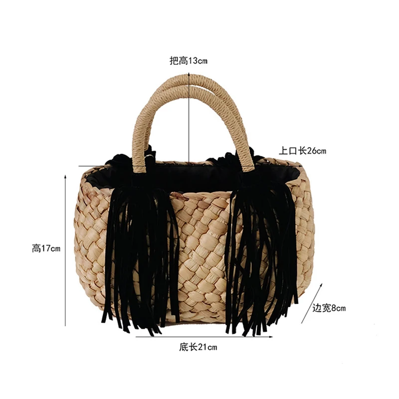 Summer New Handwoven Handheld Women\'s Bag Simple Vine Woven Beach Bags Brown Corn Skin Tassel Straw Tote Bags