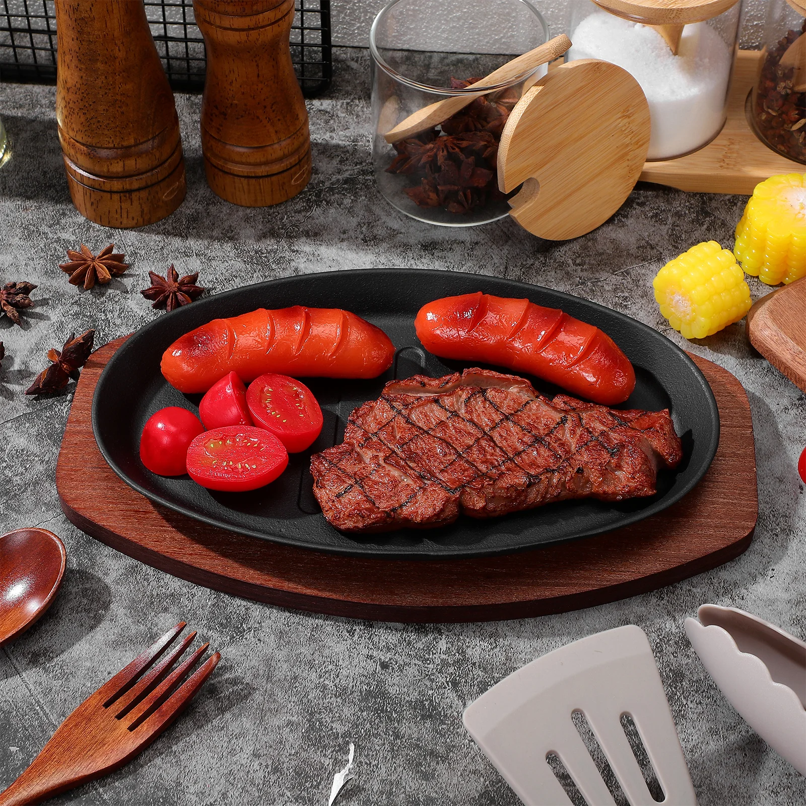 

1Set Cast Iron Steak Grill Plate Wooden Tray Included Nonstick Grill Pan Thick Heavy Duty Outdoor Barbecue Kitchen Supplies