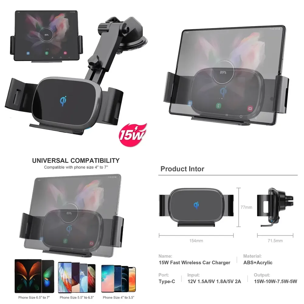 

Automatic Clamping Qi Kc 15W Fast 2 Coils Wireless Car Charger Air Vent Mount Phone Holder for Galaxy Z Fold 3 Z Flip
