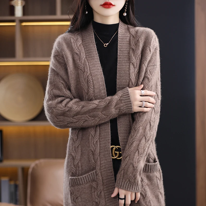 

Autumn And Winter New Cashmere Cardigan Women's 100% Pure Wool Coat Loose Hooded Long Horn Button Knitted Sweater