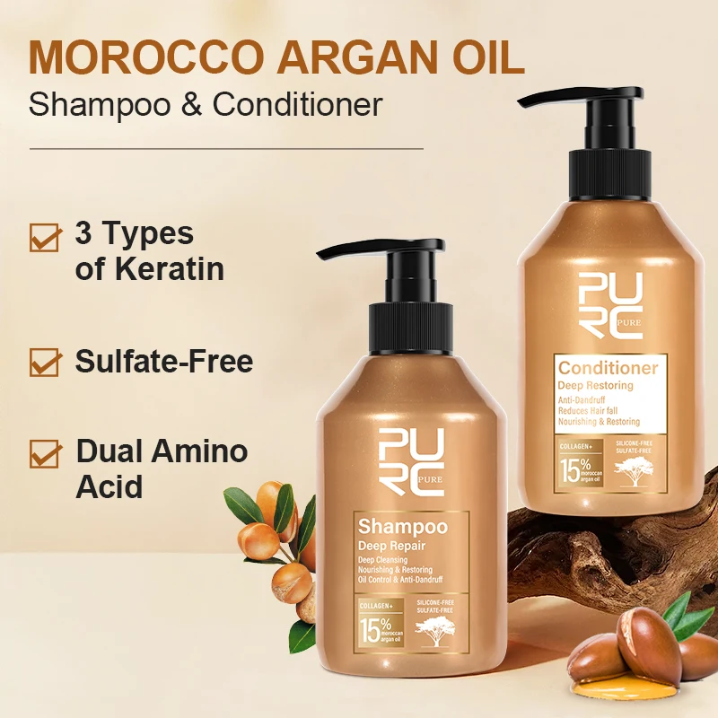 PURC Marokko Arganöl-Shampoo-Conditioner-Set, Aminosäure-Keratin, glättende Reparatur, Behandlung von geschädigtem Haar, sulfatfreie Haarpflege