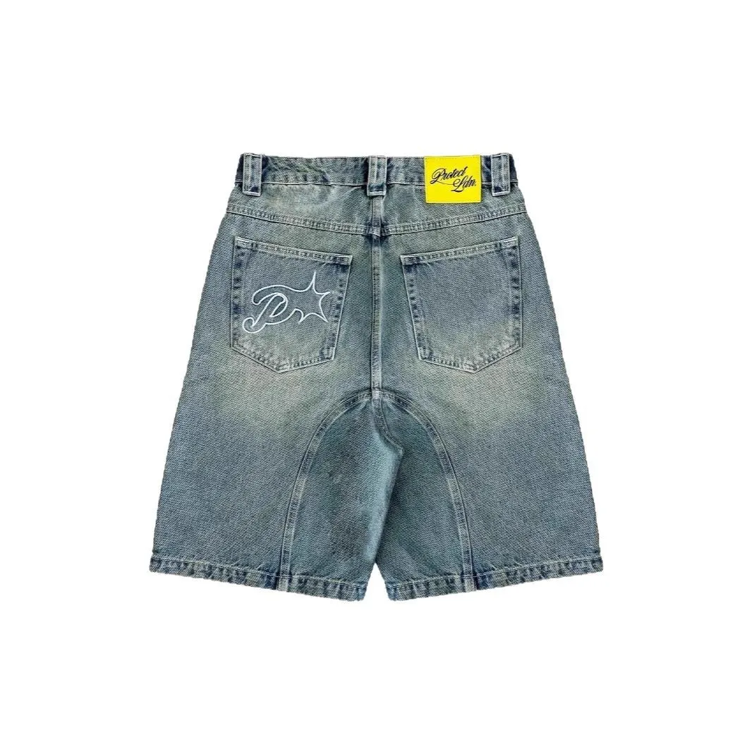 2027Vintage Y2k Men Women Harajuku Short Jeans Washed Embroidery American Retro Man Denim shorts Summer Loose Hip Hop Streetwear