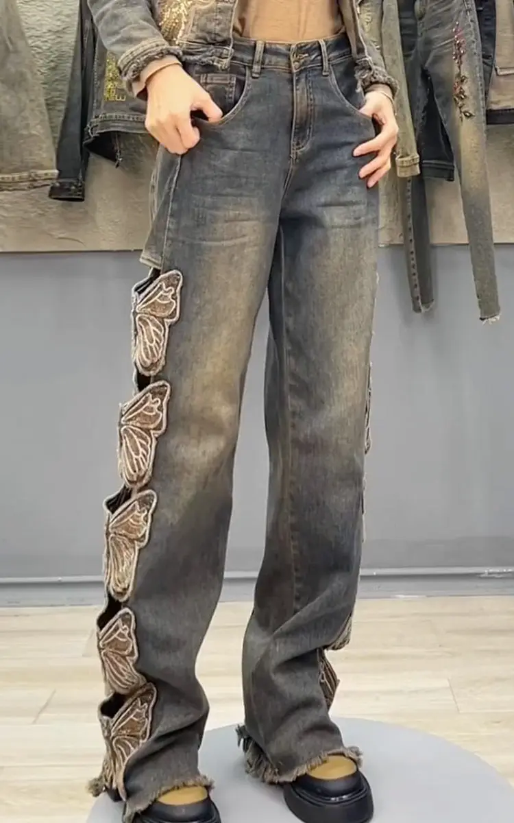 Pantalones vaqueros con bordado de mariposa para mujer, ropa de calle de pierna ancha, Pantalones rectos de cintura alta, Harajuku, Y2K, nuevo