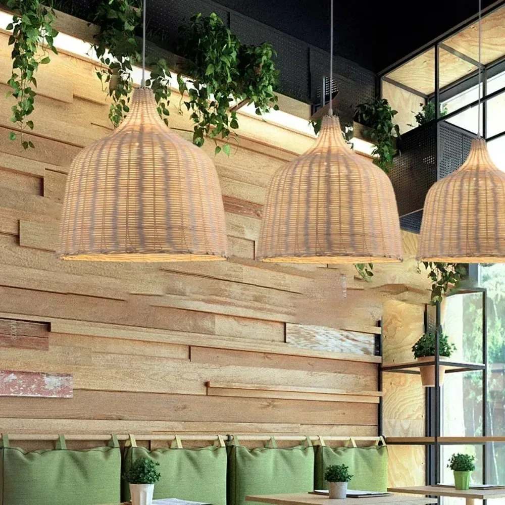 Bambu Tecelagem De Vime Rattan Sombra Luz Pingente, Handmade Lampshade Lâmpadas, Decoração para casa