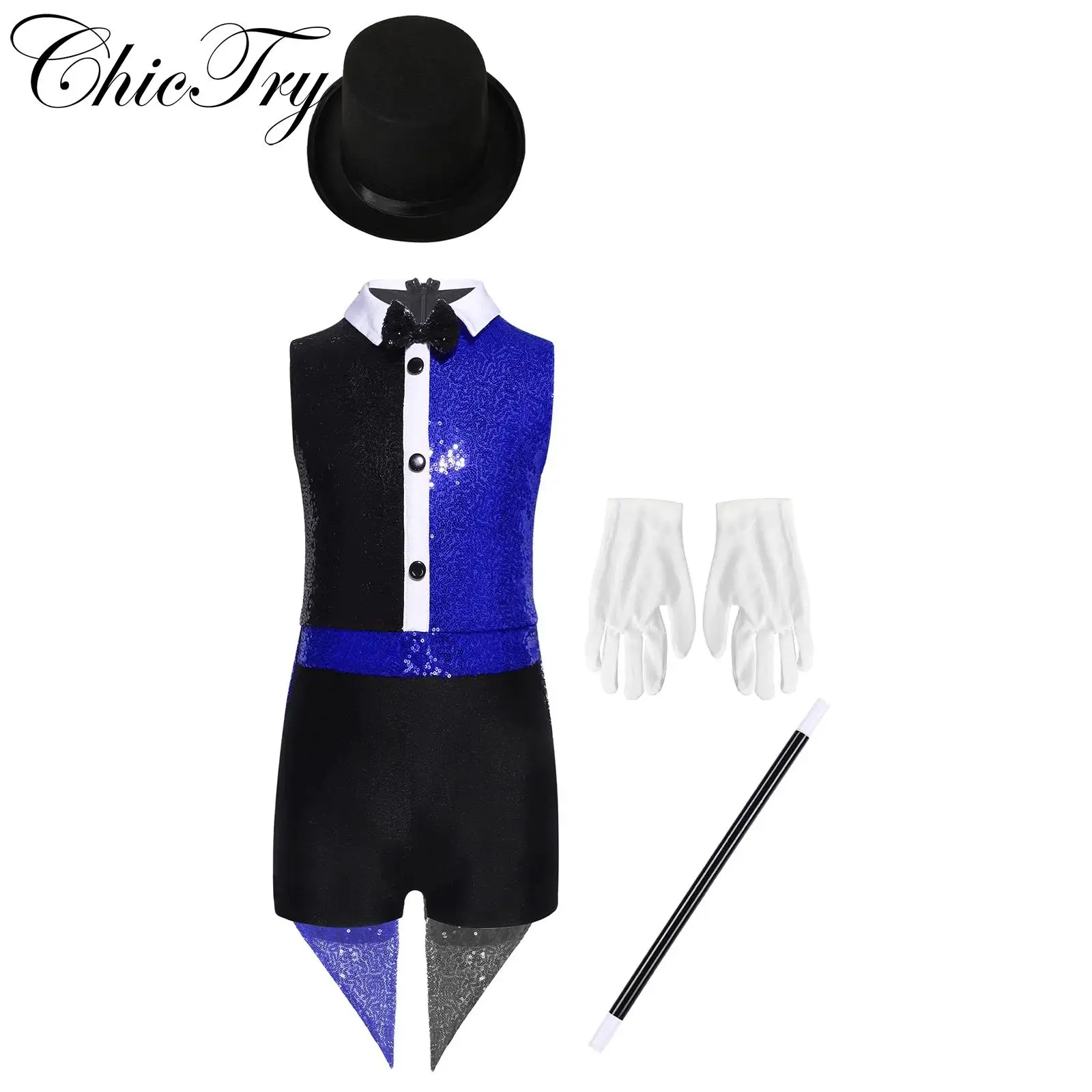 

Girls Circus Magician Costume Carnival Dress Up Halloween Cosplay Leotard Bow Tie Buttons Jumpsuit with Hat Gloves Magic Wand