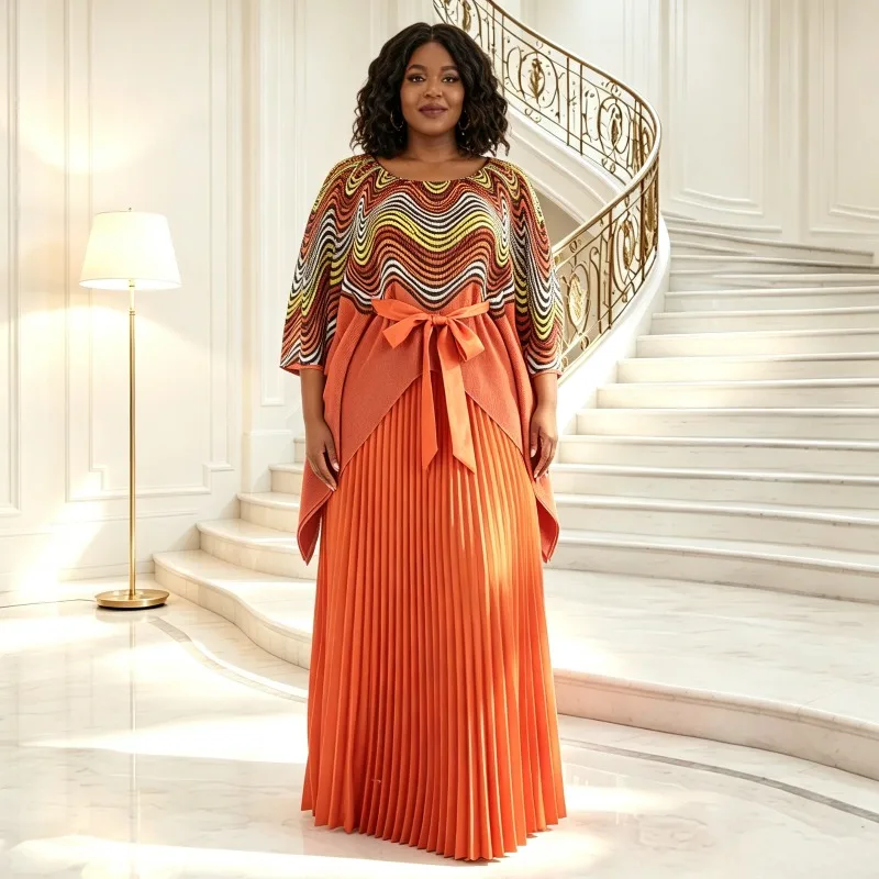 Miyake Pleated African Women's Printed Dress Batwing Sleeve Tie Top Elastic Waist Pleated Skirt 2-Piece Set Plus Size Clothing