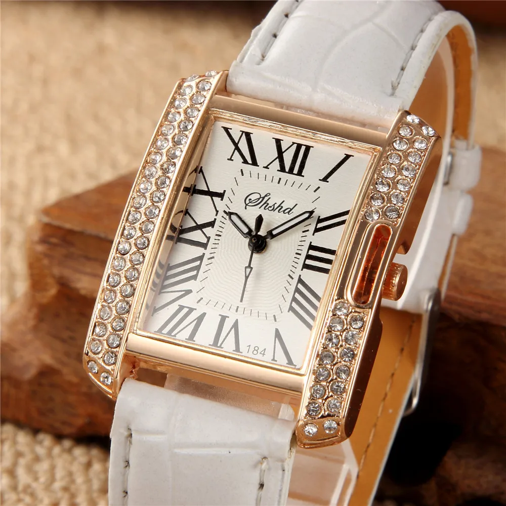 Reloj Mujer Fashion Rectangle Watch Women White Watches Crystal Case Leather Band Quartz Wristwatches Cheap Price Dropshipping