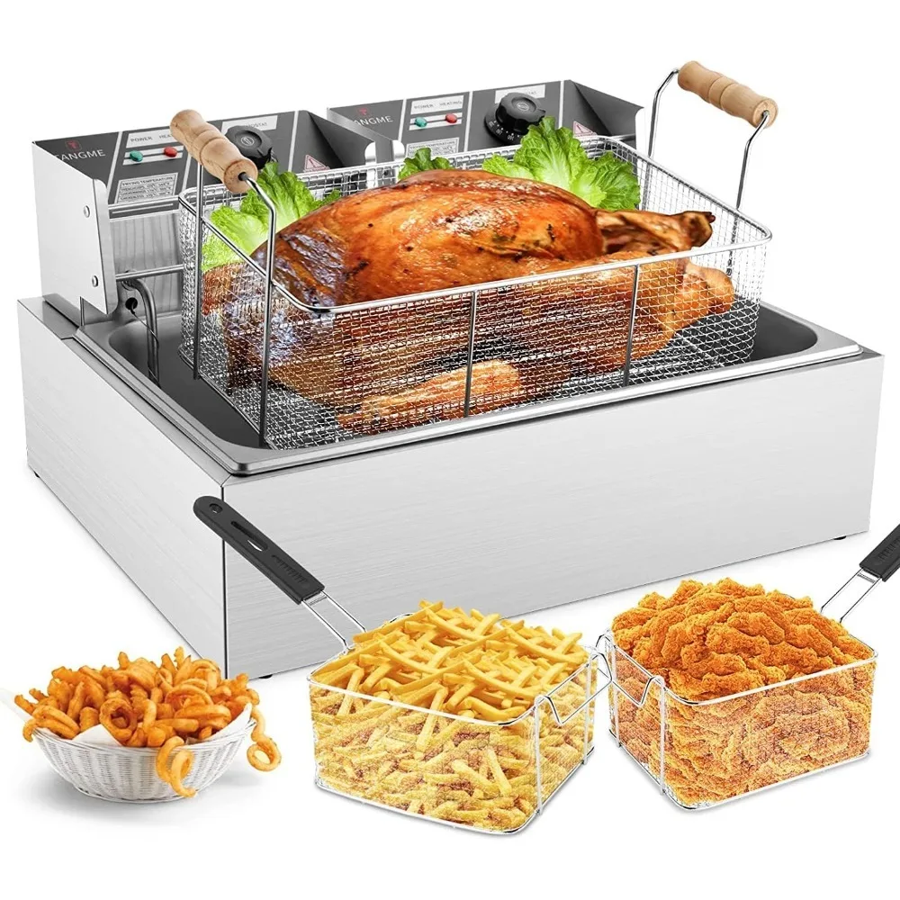 Commercial Deep Fryer, 3400w Electric Turkey Fryer with 3-Baskets, 22L/23.25Qt 1mm Thickened Stainless