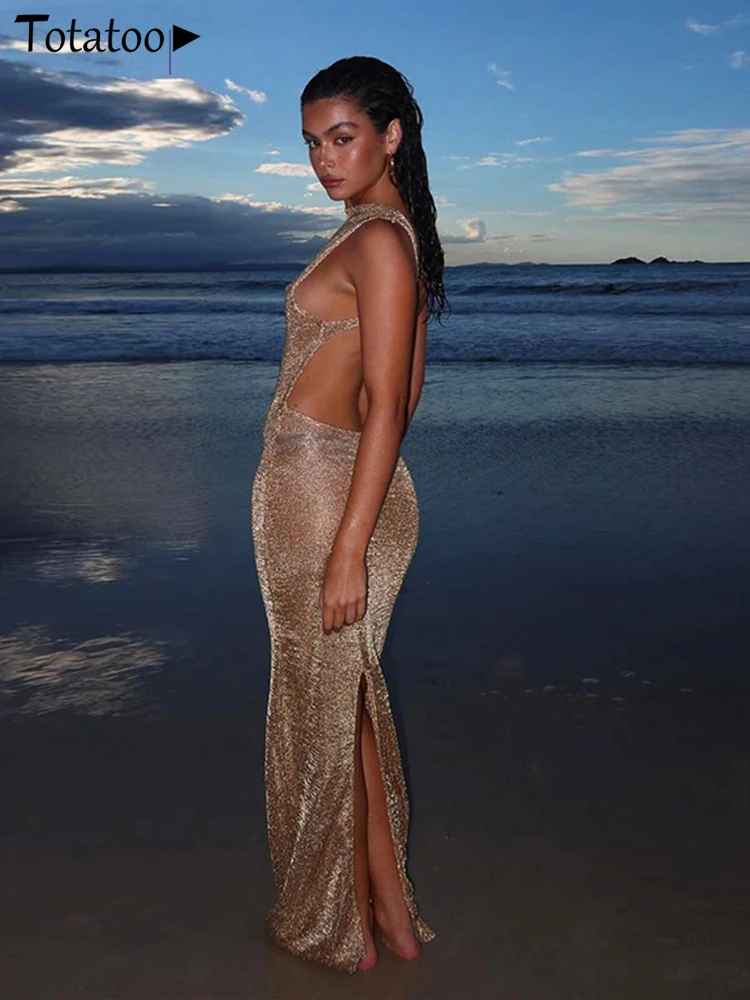 Totatoop Open Back Transparent Glitter Beach Cover Up Dress For Women 2024 Summer Sleeveless Back Split Swimwear Bikini Coverups