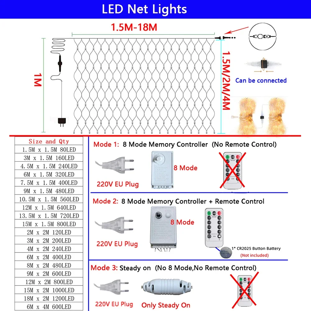 3M-18M LED Outdoor Fishing Net Christmas Fairy Lights Festoon Garden Street Garland Curtain For Tree New Year Decoration 2024