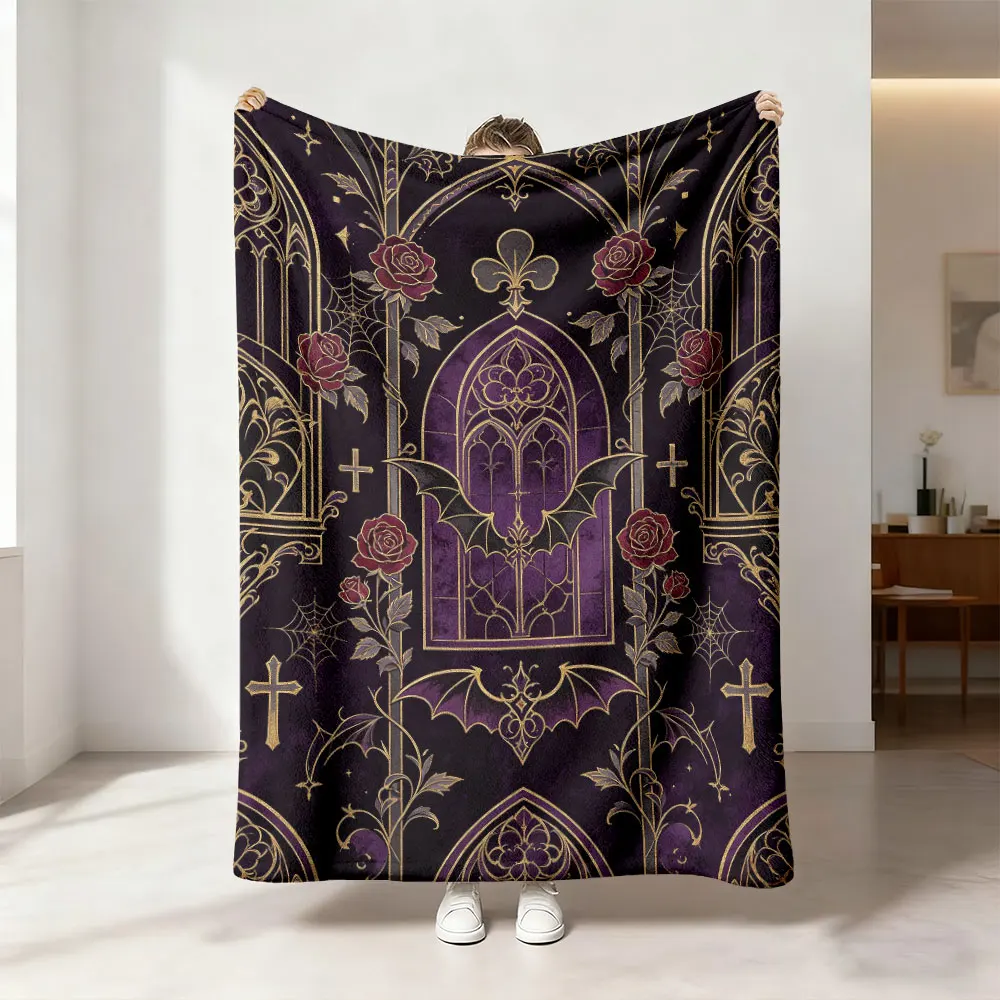 1pc Gothic Rose Bat Church Pattern Print Flannel Blanket Soft Cozy For Sofa Rest Napping Stylish Home Decoration Gift