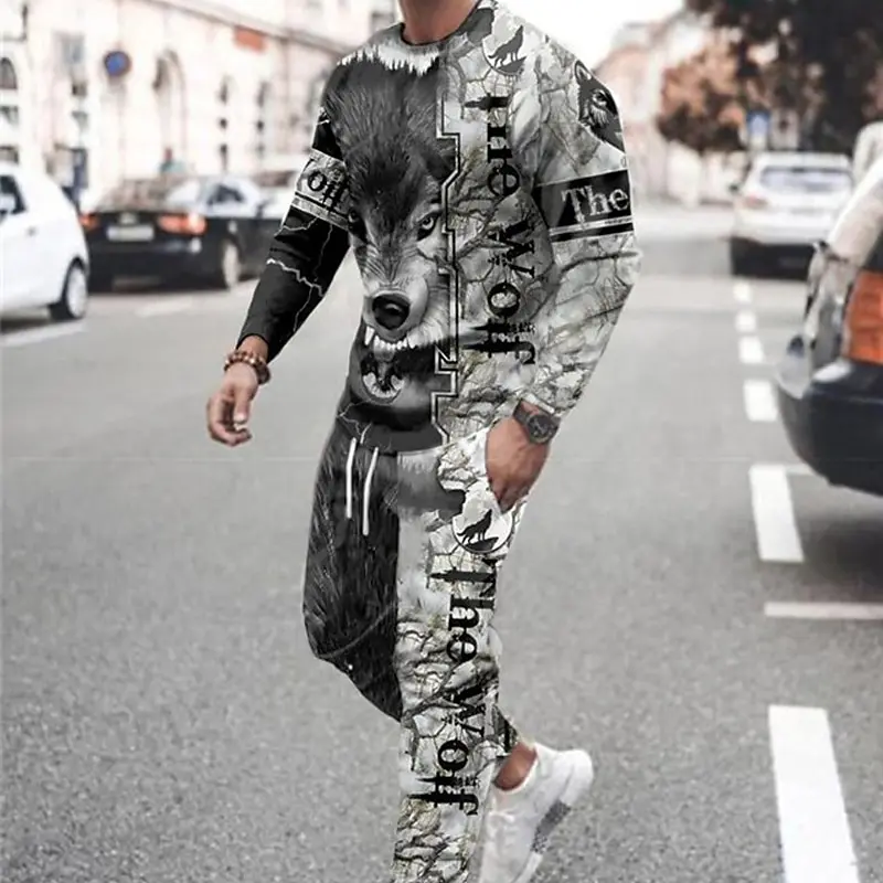 

Animal Wolf Print T-shirt 2-Piece Outdoor Long Sleeve T shirt Pants Set For Men Gothic Trendy Streetwear Casual Pullover Outfits