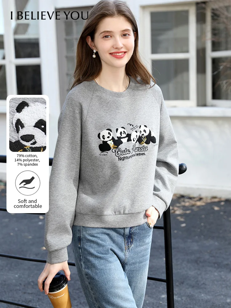 

I BELIEVE YOU женская толстовка с круглым вырезом и вышивкой в виде панды, осень-зима 2022, хлопковая серая свободная повседневная толстовка 2253196150