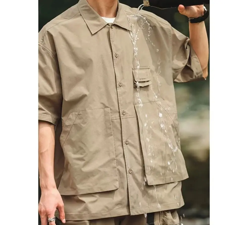 

Big Pocket Cargo Shirts Men Half Sleeve Solid Color Men's Shirts Summer Loose Style Shirts Black Khaki