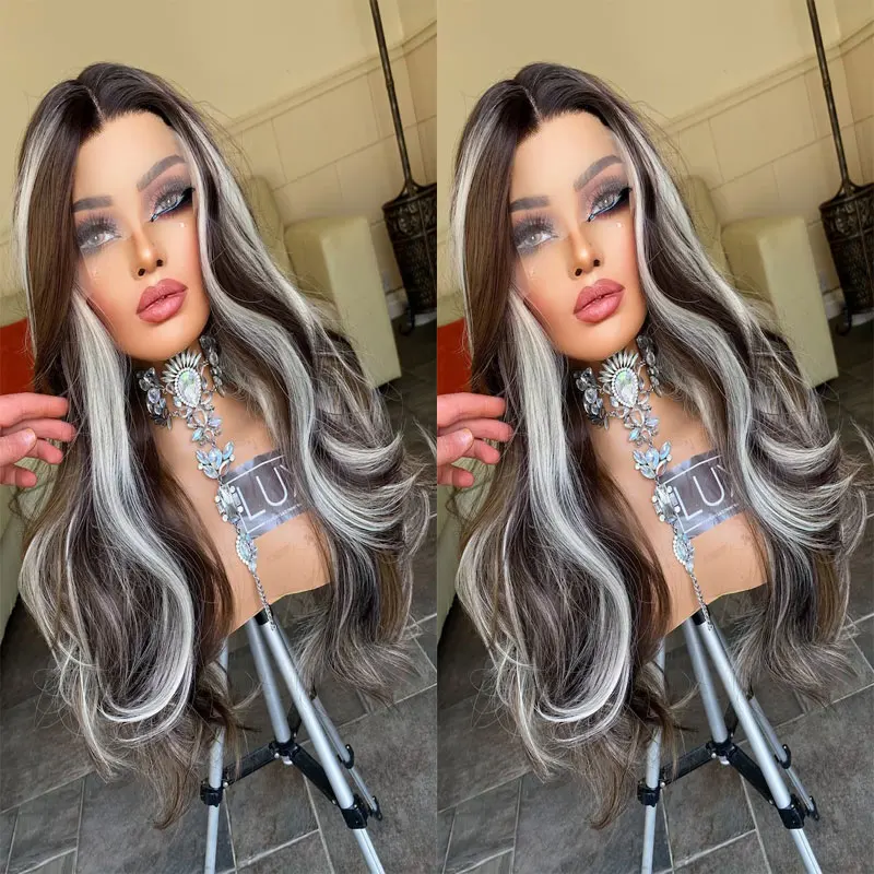 Perruque Lace Front Wig synthétique sans colle 13x4-Bomshell, perruque en fibre de haute qualité, cheveux ondulés blancs et bruns mélangés, pour femmes Cosplay