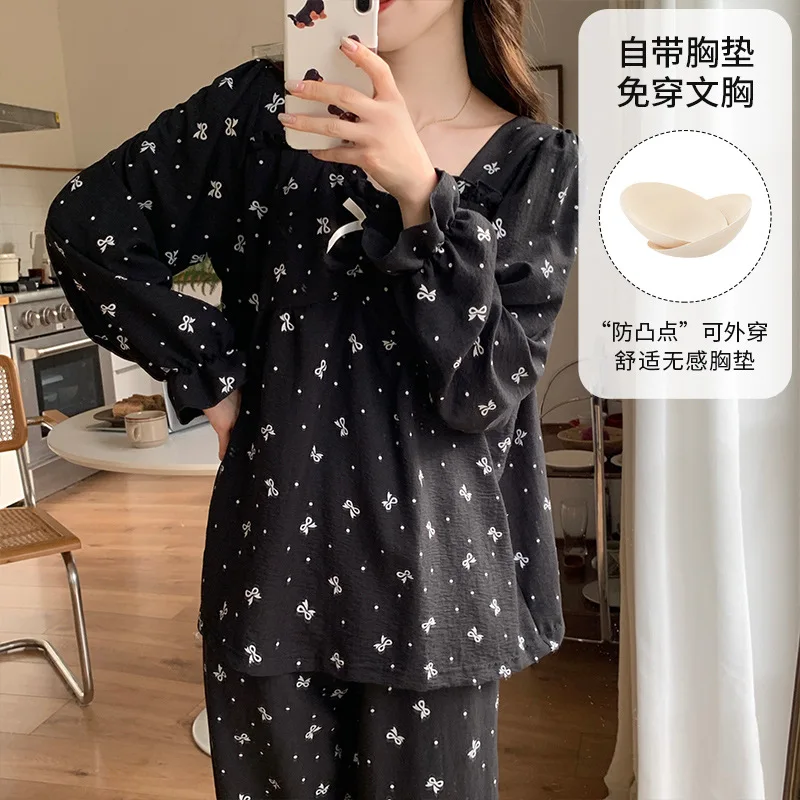 

Korean Fashion Women's Pajamas Set with Bra Pad for Autumn and Spring Long Sleeves Long Pant Homewear Young Girl Nightwear Mujer
