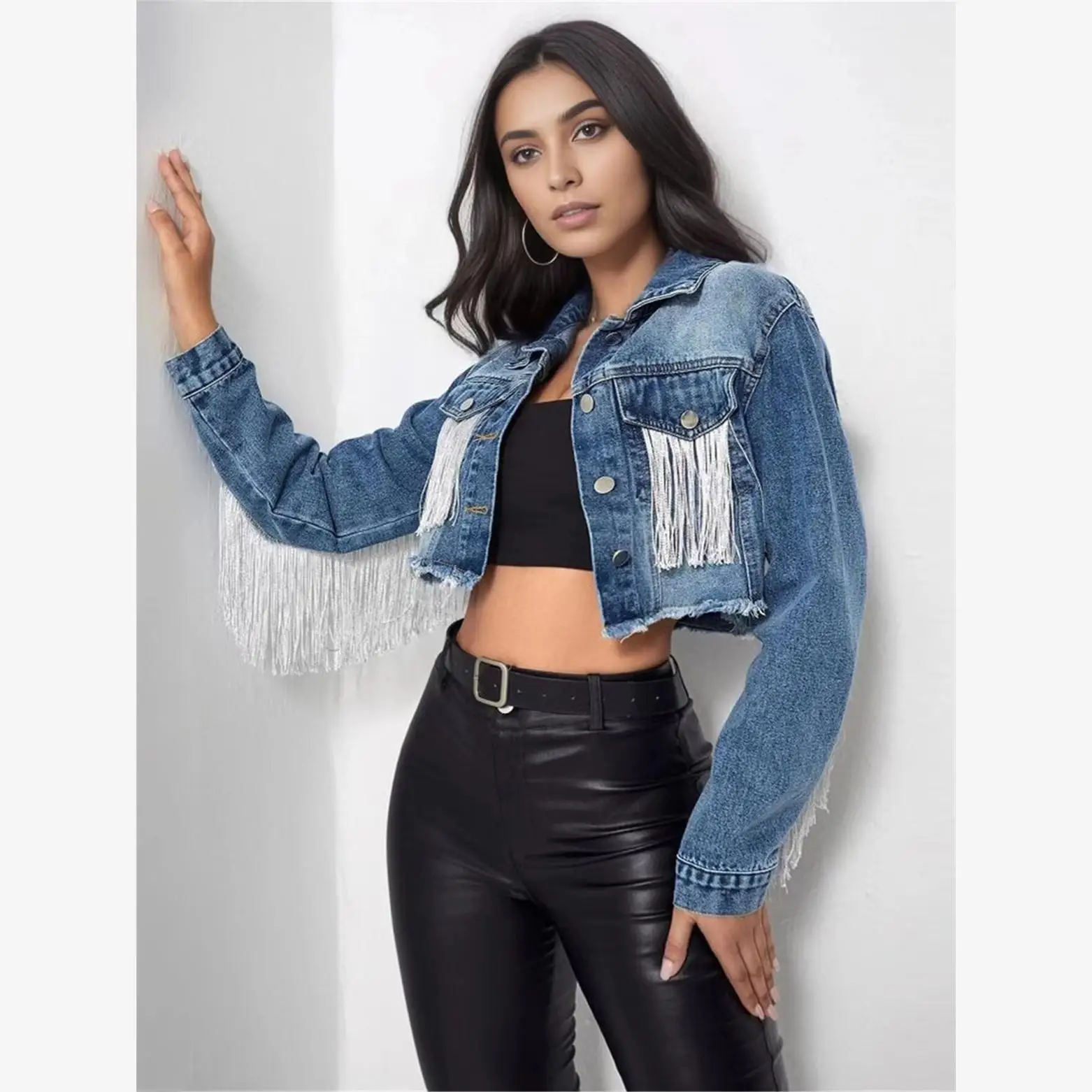 

Модный винтажный джинсовый джинсовый тюнер с бахромой, женский тюнер с застежкой на пуговицы, цвет, дизайн Blo, другой материал 00%