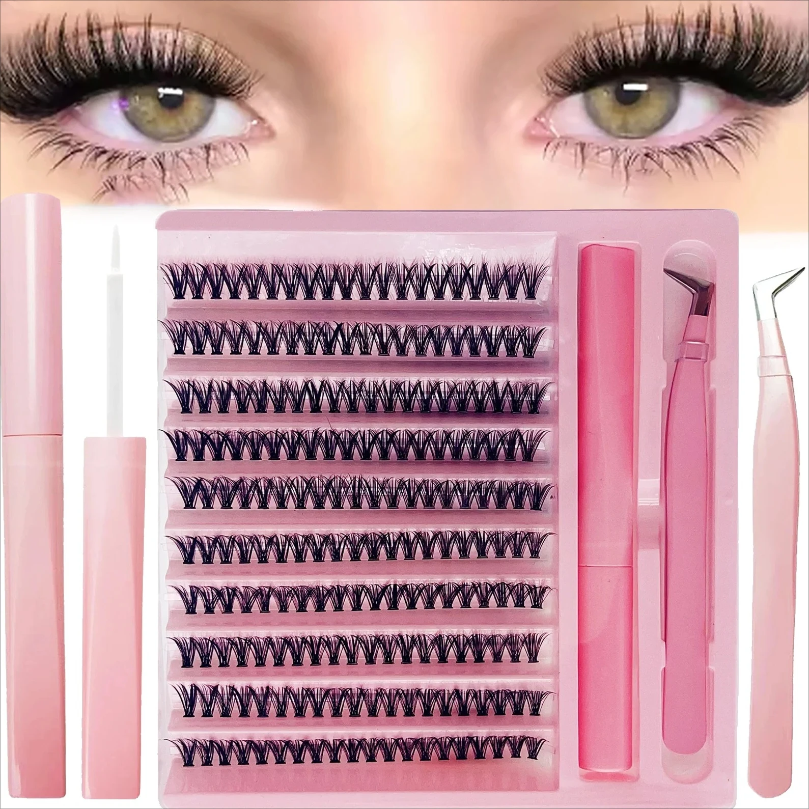 DIY Eyelash Extension Kit with Bond and Tweezers D Curl 110Pcs Lash Clusters Wispy Individual Lashes for Beginners Home Use