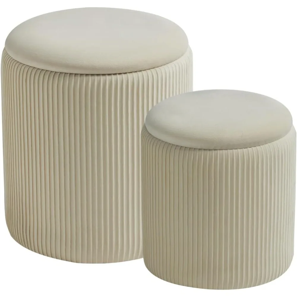 

Round Set of 2 Ottoman with Storage-Upholstered Velvet Vanity Stool for Makeup Multifunctional Ottomans