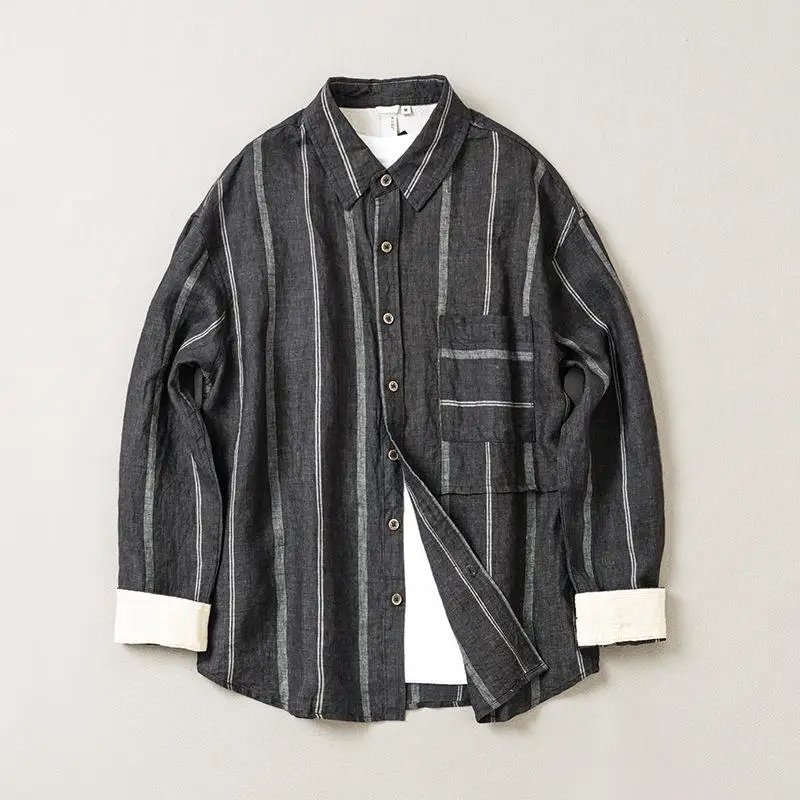 

Thin Knitted Striped Long Sweater Shirt Men's Linen Summer Casual Fashion Easy Care Long Sleeve Striped Shirt for Men