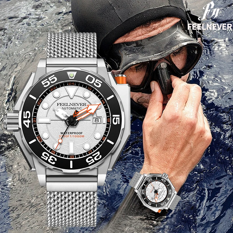 FeelNever Design Simple Fashion Dial Mechanical Man Watch Rotating Bezel Sports 316L Stainless Band Waterproof Watches for Mens