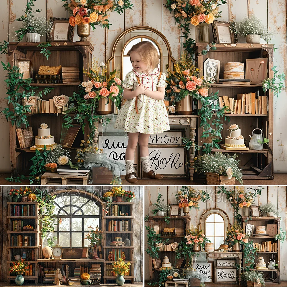 

Back To School Backdrop Vintage Wooden Bookshelves Books trinkets Window Frame Flowers Decor Background Photo Studio Photo-call