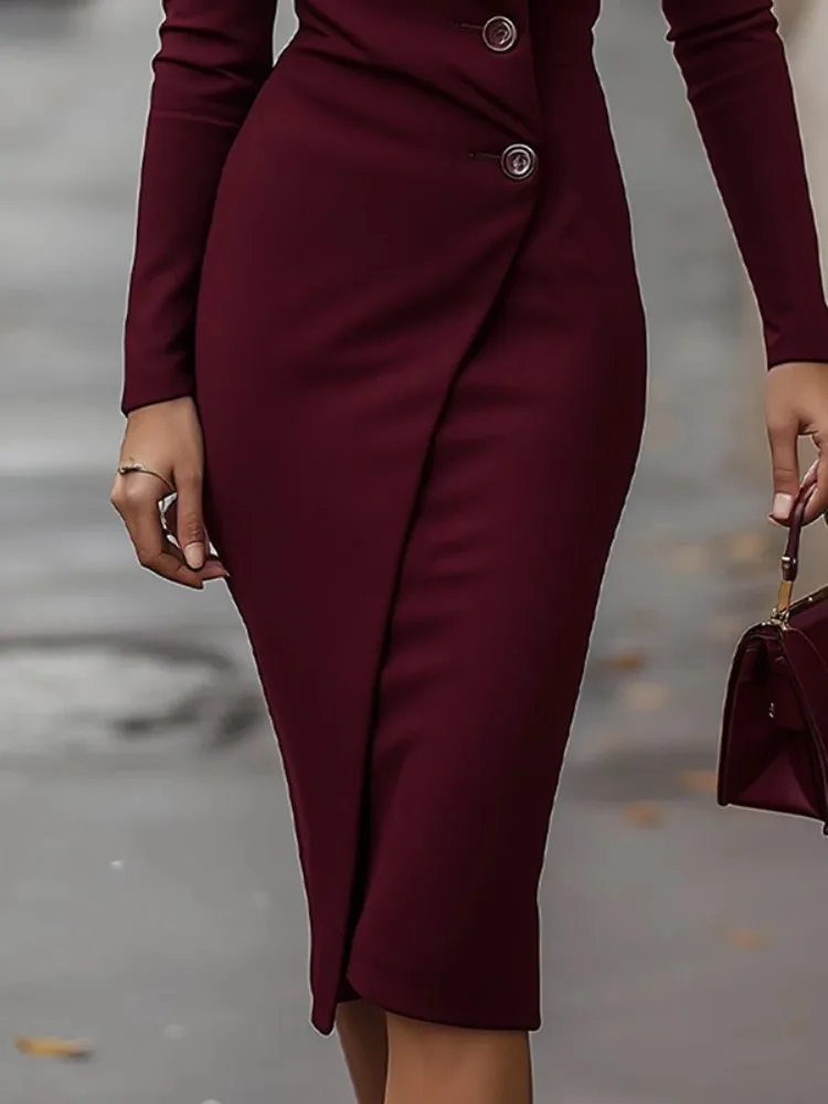 UOOZEE المرأة بلون الخامس الرقبة عالية الخصر Bodycon فستان 2025 جديد طويل الأكمام زرر مكتب أنيقة مساء فساتين متوسطة الطول
