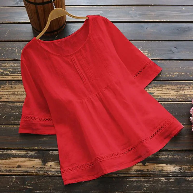 New Women's Elegant Cotton and Hemp Shirt Solid Color Casual Round Neck Hollow Half Sleeve Splicing Fashion Women's Top image 3