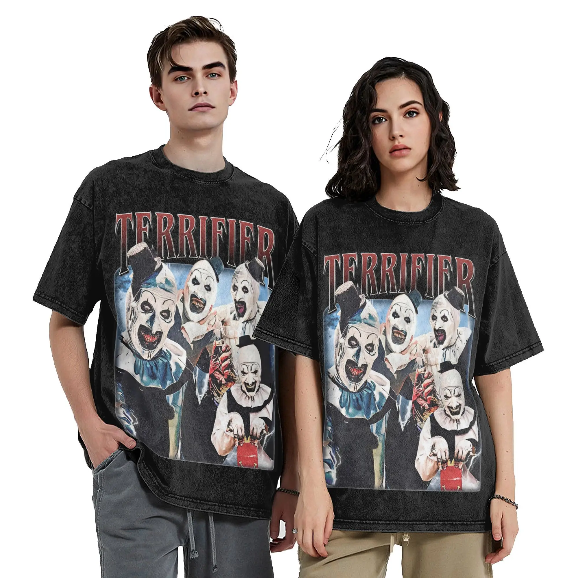 

Промытые футболки Terrifier Horror Movie Хип-хоп Винтажные футболки Harajuku Уличная одежда Топы с графическим принтом Футболка Мужчины Женщины