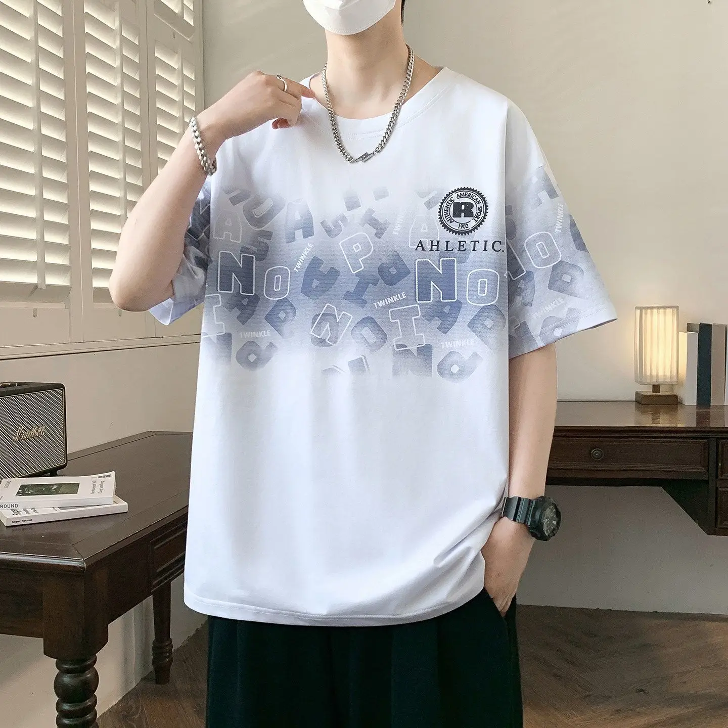 Men's Casual Short Sleeve T-Shirt with Letter Print Round Neck Loose Fit Breathable Summer Tee Top