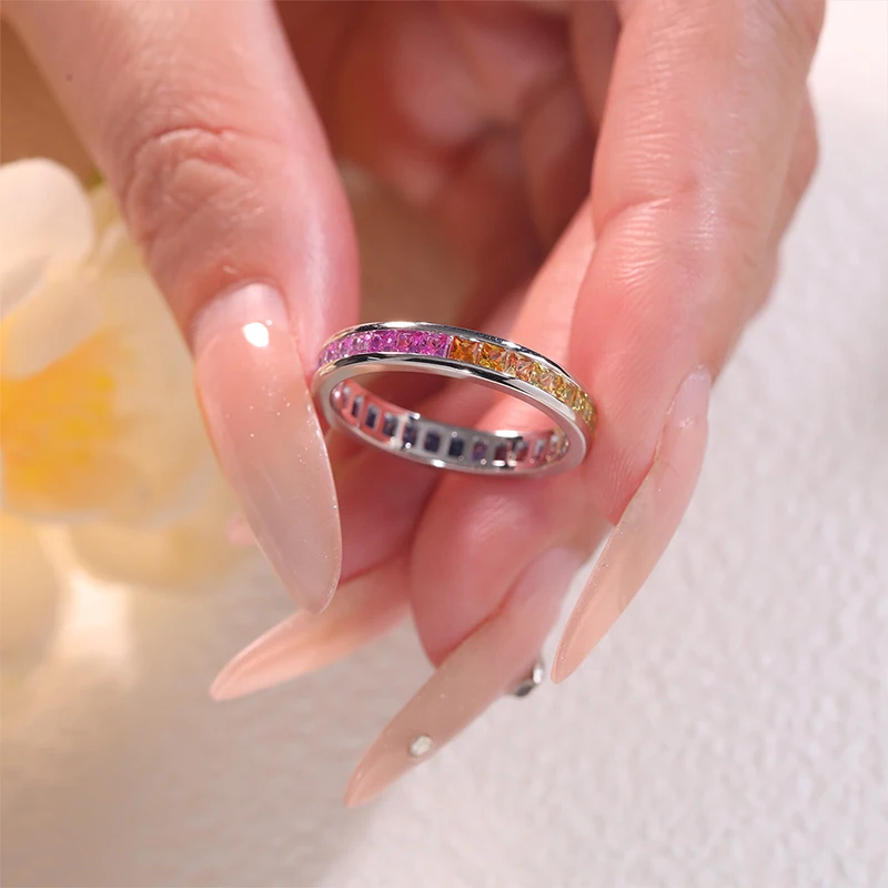 KEEP YES Classic Princess Cut 2mm Colorful Lab Grown Gemstone Synthetic Pink Sapphire Ring for Women 925 Sterling Silver jewelry