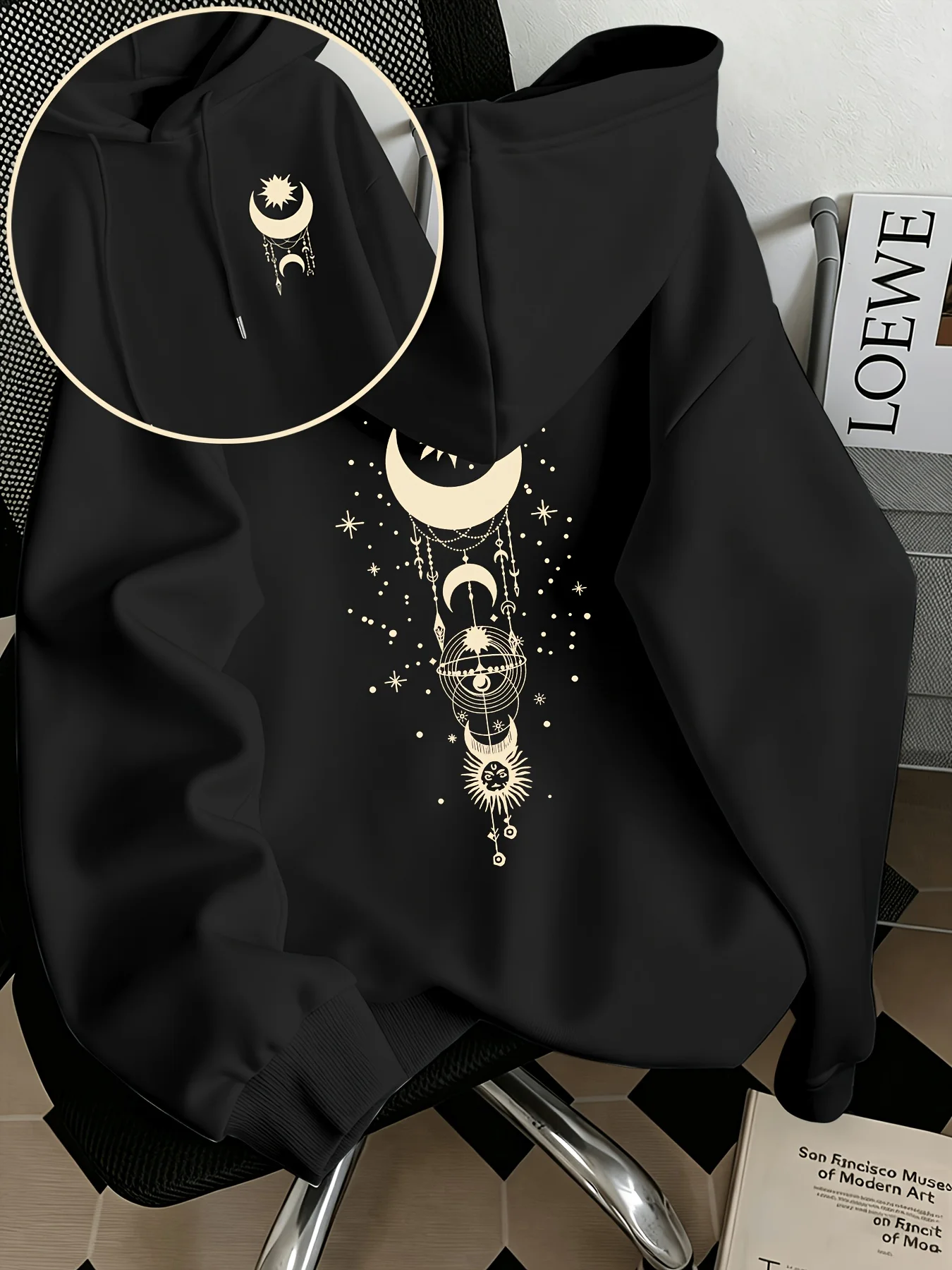 Oversize-Hoodie für Damen mit Sonne-Mond-Himmelsmotiv, langärmelig, lässiger Pullover im Hippie-Stil, Kapuzenpullover, Oberteil