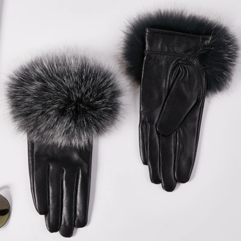 Neue Touchscreen-Leder handschuhe für Frauen Herbst Winter warm Anti-Rutsch-Fahren große Fuchs haar Schaffell handschuhe