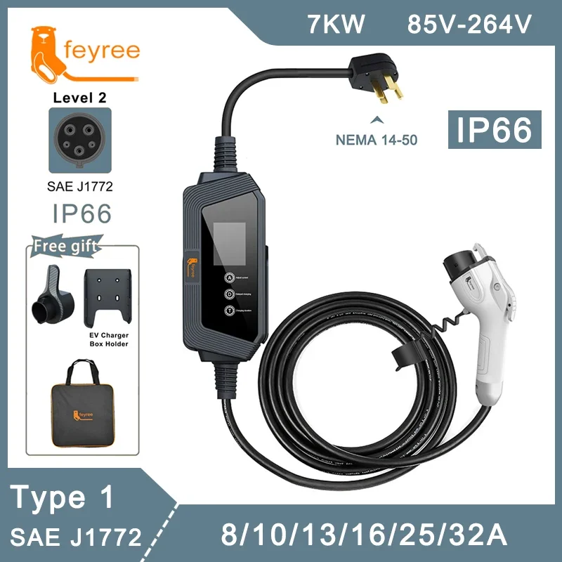 

Портативное зарядное устройство для электромобилей feyree type 1, 7 кВт, 32 А, 1 фаза, с разъемом j1772, держателем для зарядки, 5 м, мешком для кабеля и держателем для зарядного бокса