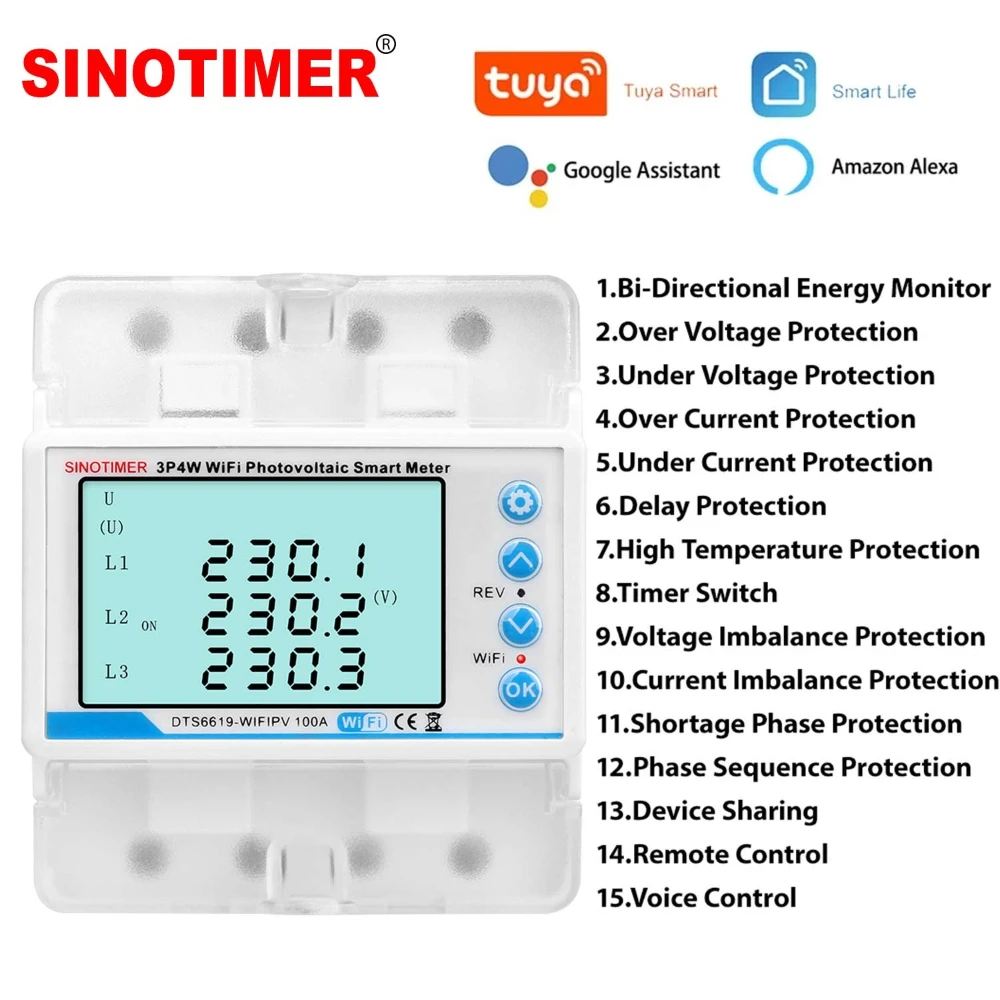 

3-фазные 4P автоматические выключатели Tuya Wi-Fi PV Smart Energy AC Power Current kWh Meter Реле защиты от пониженного напряжения 100A 380V