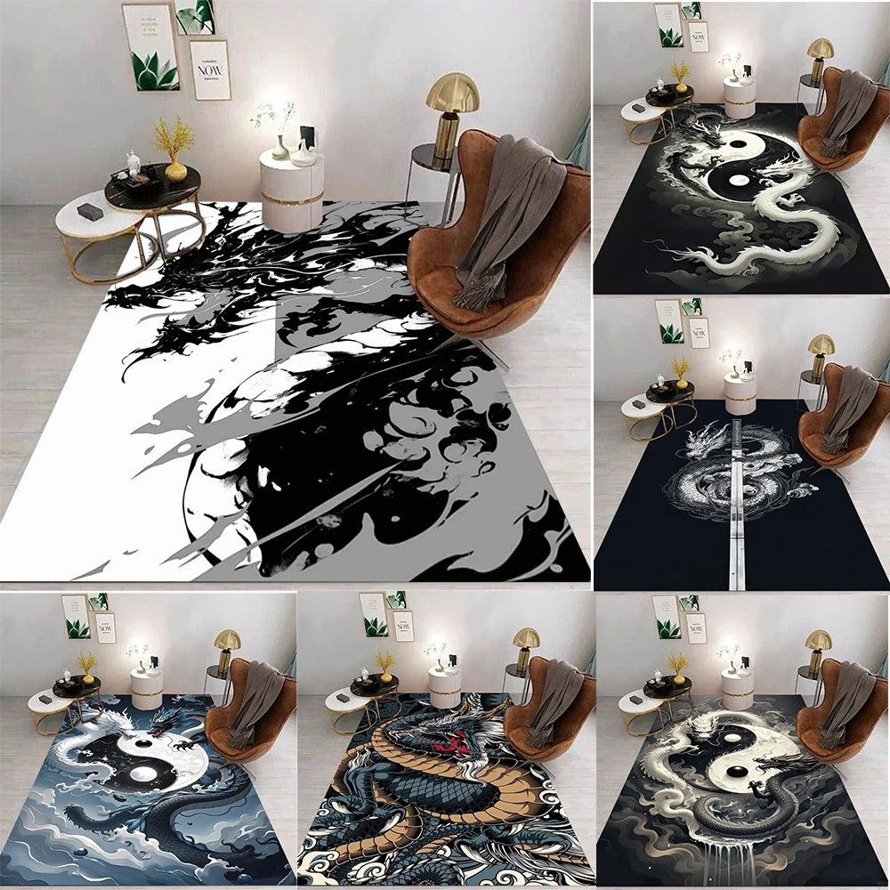 

Chinese Dragon Pattern Floor Mat Various Styles With Dragons In Ink Style Yin Yang And Samurai Sword Scenes Rug For Home Decor