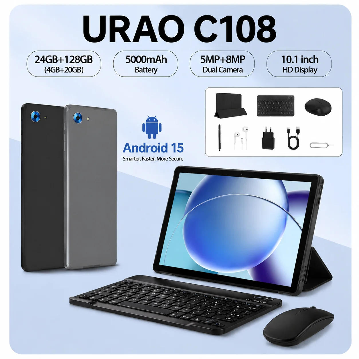 URAO 10.1 Inch Android 15 Tablet 24GB RAM 128GB ROM 8-Core HD LCD Dual Camera 5000mAh TF Card Up to 1TB Type-C