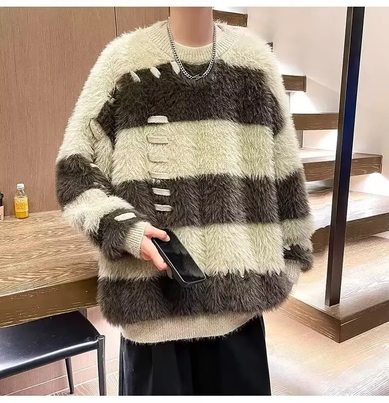 Men's Sweater Striped Contrasting Sweater Mink Fur Japanese Vintage Style Knitted Top  Loose Lazy Style Furry Pullover Knitted