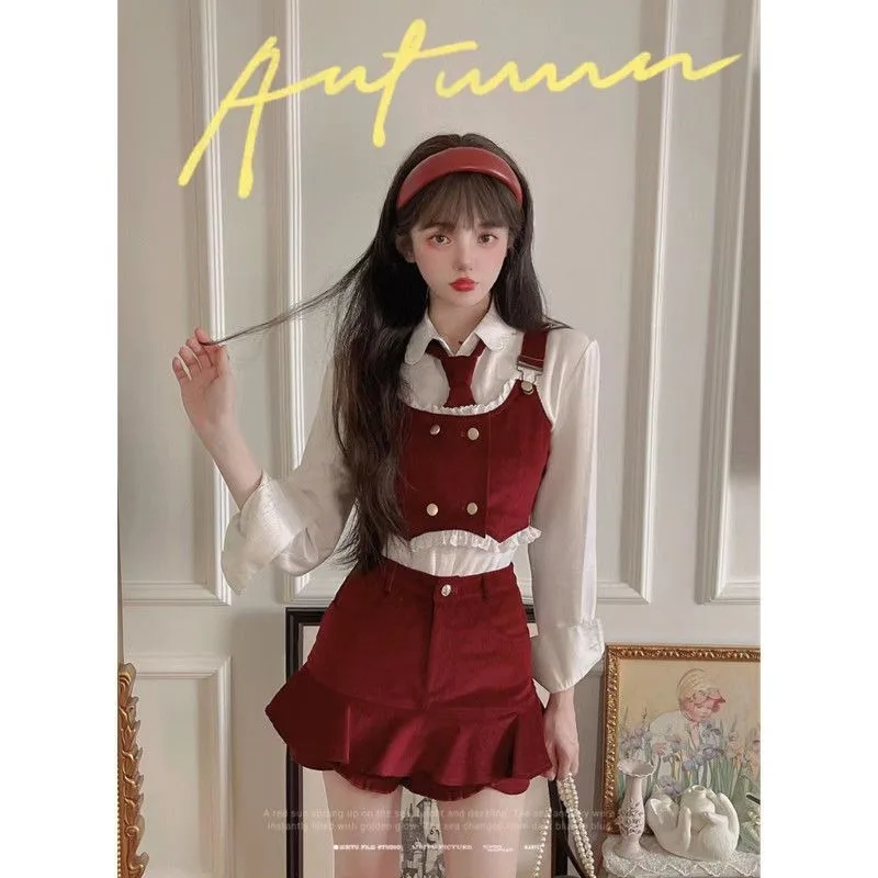 Sweet Academy Shirt Vest Fishtail Skirt Three Piece Set Women Korean Tie Splice Vintage Spicy Girl Solid Slim Autumn Cute Suit