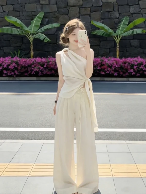 

Fashionable High Waist Wide Leg Pants Set Women's Summer New Style Pure Desire Sexy Slope Shoulder Sleeveless Two Piece Set