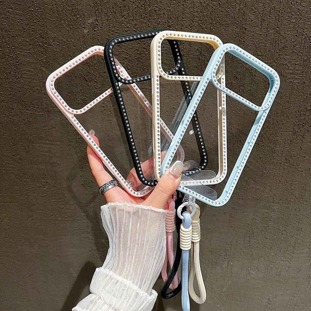 Luxury Diamond With Lanyard Transprent Phone Case For iPhone 11 12 13 14 15 16 17 Pro Max Air Shockproof Wrist Strap Cover view 6