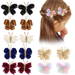 New Butterfly Hair Clips For Girls Gradient Flocking Hairpin Solid Ribbon Barrettes Children Boutique Hairgrips Hair Accessories