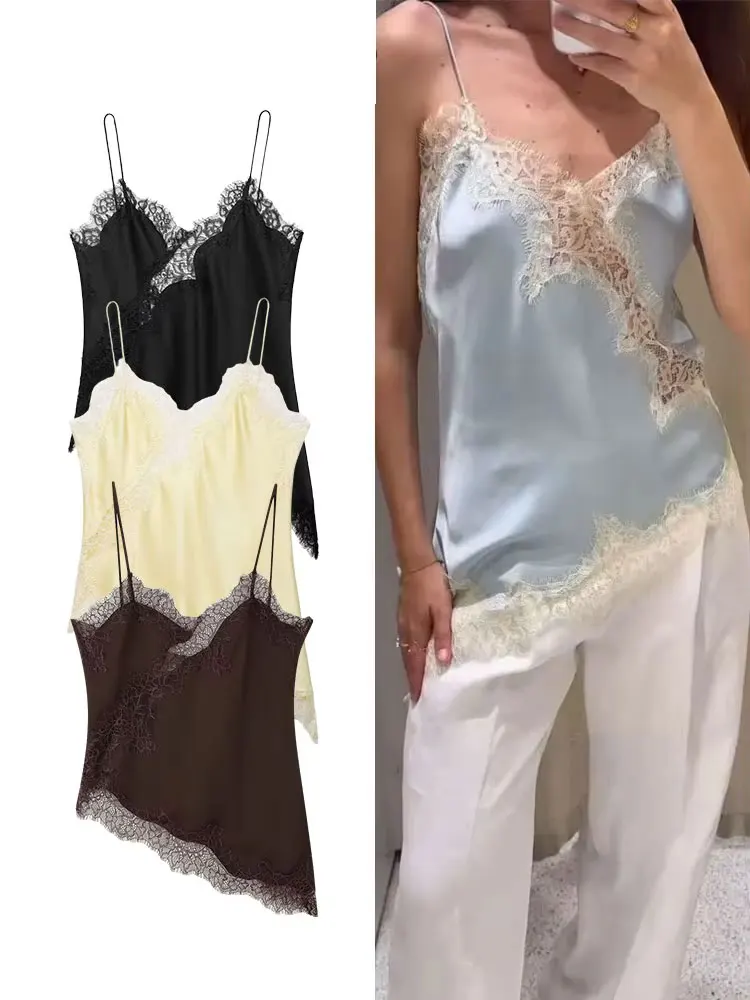 

HH Women's Sexy Lace Spliced Suspender Tops Sleeveless V-neck Hollow Asymmetrical Hem Backless Lingerie Fashion Slim Top