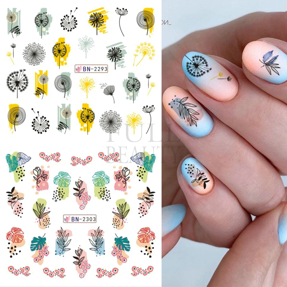 Zomer Neon Black Leaf Nail Stickers Aquarel Bloemen Nail Water Decals Set Sliders Manicure Tattoos GLBN2293-2304