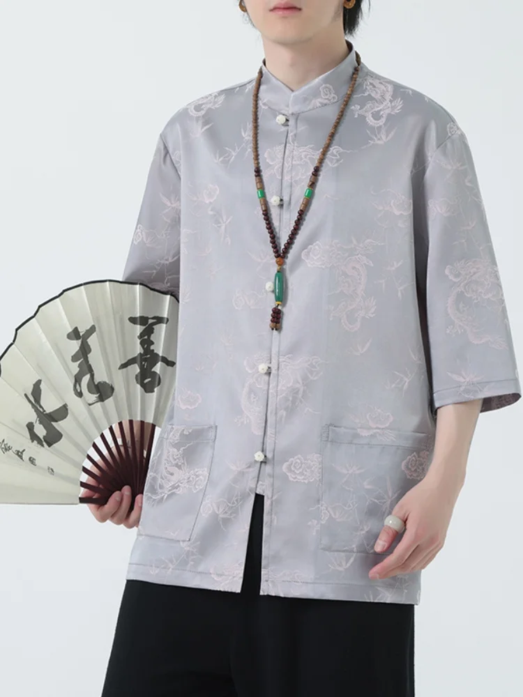 

Ice Silk Men's irt Summer Thin Loose Drapey ort Sve Traditional Chinese Collar Tang Costume Top Breathable Lightweight