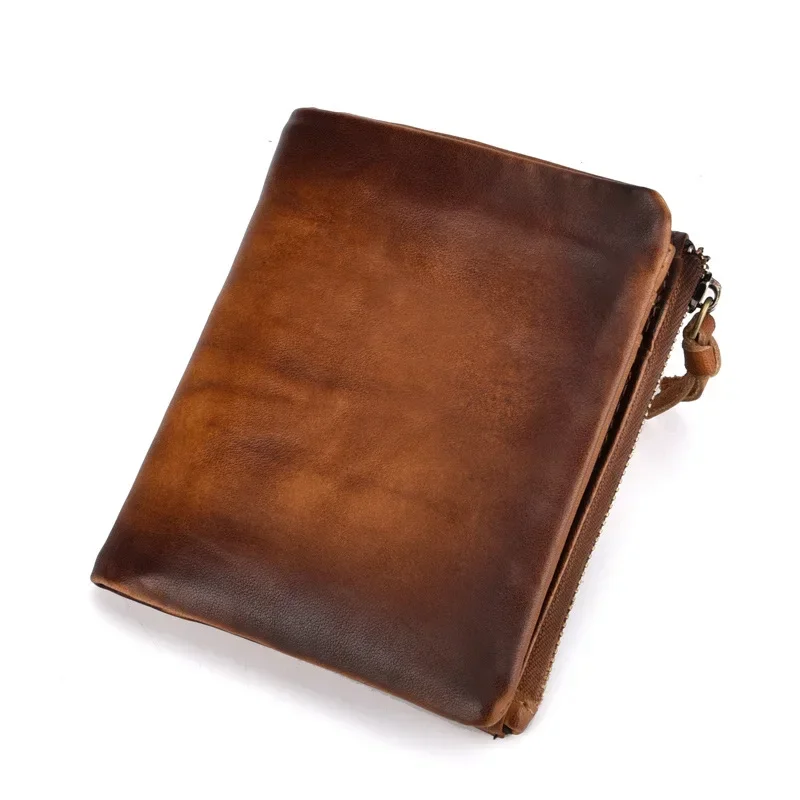 

Cowhide retro double zipper men's wallet genuine leather retro top layer cowhide men's bag casual zero wallet