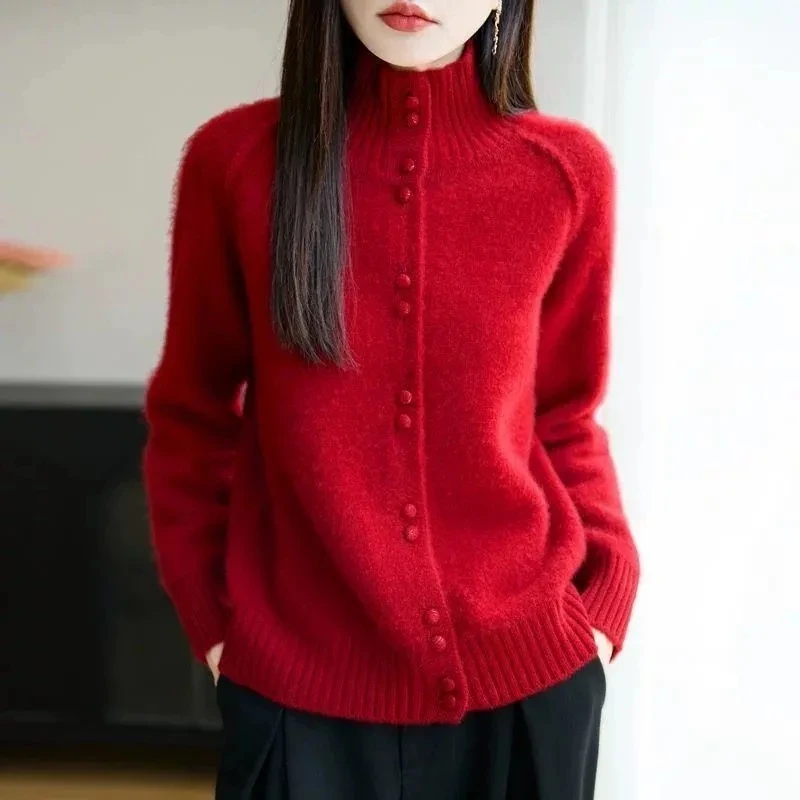 2026 New Autumn Winter Stand collar Cardigan Sweater Loose Solid color Long sleeved Short Coat Women's Button Knit Sweater Top