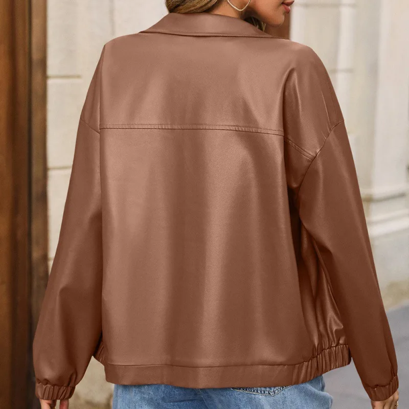 Women's Casual Long Sved Leather Jaet with Collar Zipper Sle Commute Faion Winter Season Other Material 00%